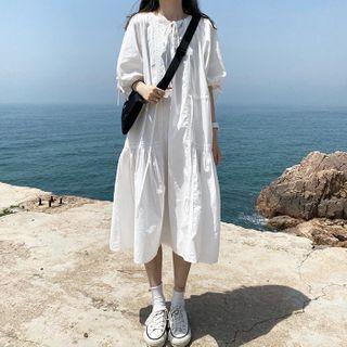 Short-sleeve Lace-trim Plain Dress