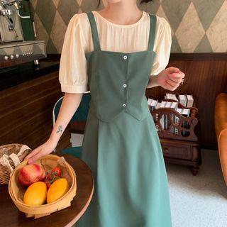 Short-sleeve Mock Two-piece Round-neck Midi Skirt