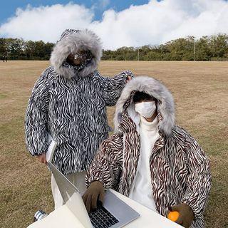 Fluffy Hooded Zebra Print Zip Jacket