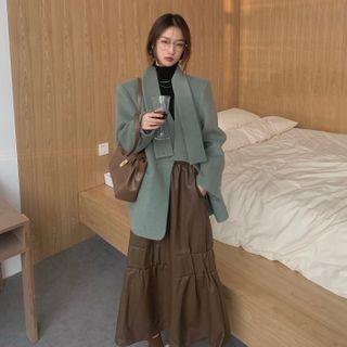 Irregular Loose-fit Blazer / Faux-leather Midi Skirt