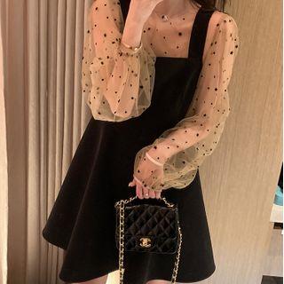 Long-sleeve Star Printed Mesh Top + Plain Jumper Dress