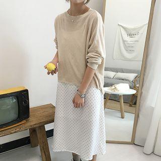 Set: Plain Long-sleeve Knit Top + Spaghetti Strap Dotted Dress