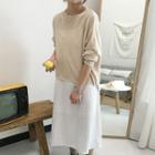 Set: Plain Long-sleeve Knit Top + Spaghetti Strap Dotted Dress