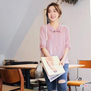 Lace Cutout X Bow Tie Blouse