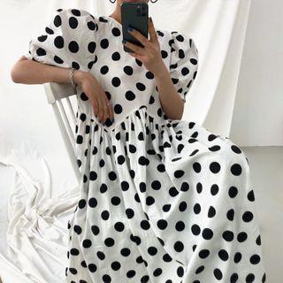 Dotted Puff-sleeve Cutout-back Midi A-line Dress
