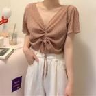 Dotted Short-sleeve Drawstring Cropped Blouse