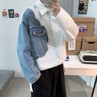 Long-sleeve Irregular Denim Panel Shirt