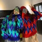 High-neck Color Panel Argyle Printed Knit Sweater