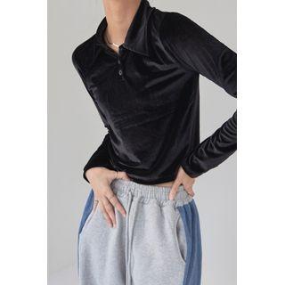 Collared Button-trim Velvet Crop Top