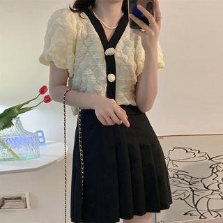 Puff-sleeve Contrast Trim Top / Mini A-line Skirt
