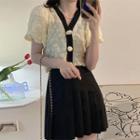 Puff-sleeve Contrast Trim Top / Mini A-line Skirt