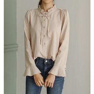 Frill-collar Bell-cuff Beribboned Blouse