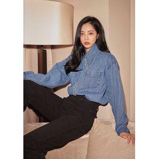 Pointy-collar Denim Shirt Blue - One Size