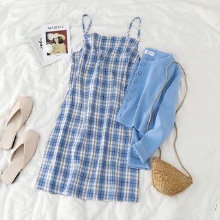 Strappy Plaid A-line Dress / Light Jacket