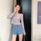 Long-sleeve Buttoned Striped T-shirt