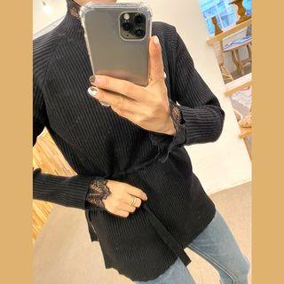 Mock-neck Crochet-trim Knit Top