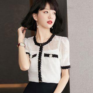 Short-sleeve Lace Panel Contrast Trim Chiffon Blouse