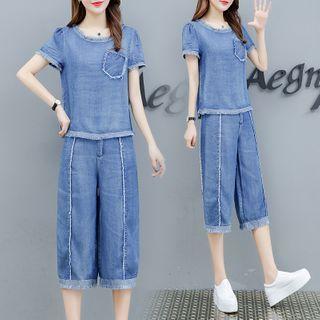Set: Short-sleeve Denim Top + Capri Pants