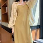 Spaghetti Strap Plain Midi A-line Dress / Long-sleeve Blouse