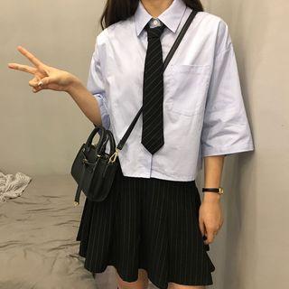 Tie-neck Shirt / High-waist Plain A-line Skirt
