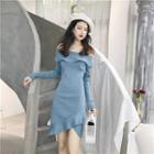 Off-shoulder Long-sleeve Mini Sheath Knit Dress