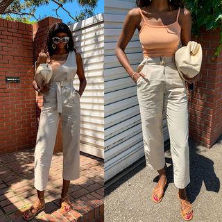 Asymmetric-shoulder Linen Blend Jumpsuit With Belt Beige - One Size