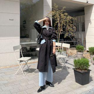 Denim-panel Trench Coat With Belt