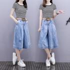 Set: Striped Short-sleeve T-shirt + Capri Wide Leg Jeans