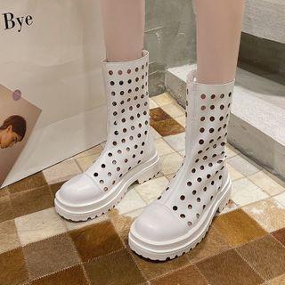 Platform Block Heel Perforated Mid-calf Boots