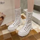 Platform Block Heel Perforated Mid-calf Boots