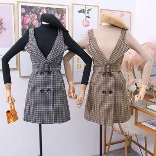 Set: Mock-neck Knit Top + Double-breasted Checker Mini Dress With Belt