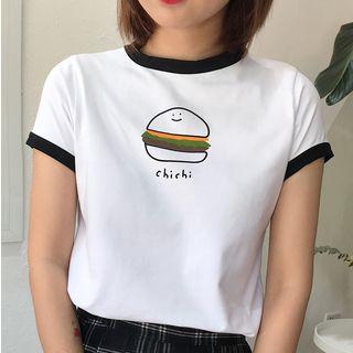 Contrast-trim Printed Short-sleeve T-shirt