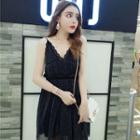 Spaghetti-strap V-neck Plain Mesh Sheath Dress