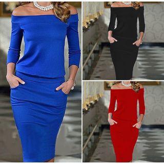 Plain Off Shoulder Long Sleeve Midi Dress