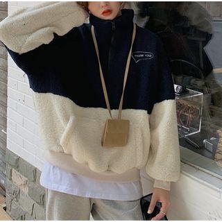 Turtleneck Zip Color-block Fleece Pullover As Shown In Figure - One Size
