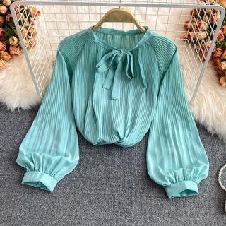Puff Sleeve Bow Neck Pleated Chiffon Blouse