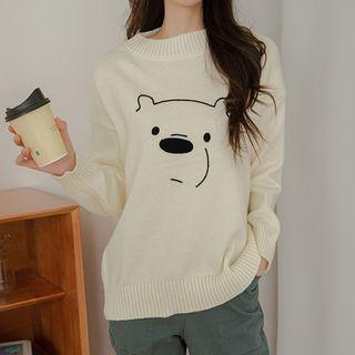 Drop-shoulder Bear-embroidered Sweater