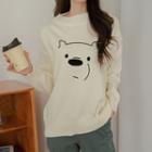 Drop-shoulder Bear-embroidered Sweater