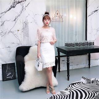 Set: Sequined Short-sleeve Top + Lace Pencil Skirt