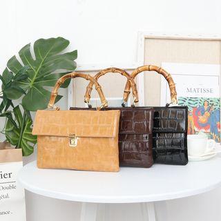 Embossed Faux Leather Handbag Khaki - One Size