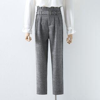 Buckled Plaid Straight-leg Pants