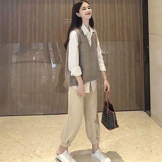 Set: V-neck Knit Vest + Plain Shirt + Jogger Pants
