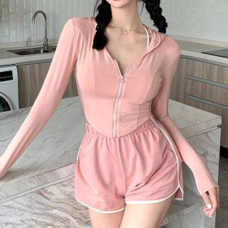 Long-sleeve Hooded Zip Crop Top / Sweatshorts