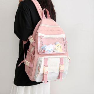 Buckled Pvc Panel Backpack / Brooch / Set