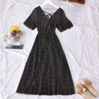 Heart Print Short-sleeve Midi A-line Dress Black - One Size