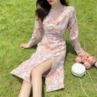 Long-sleeve Slit Floral Dress