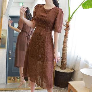Tie-waist Dotted Long Chiffon Dress