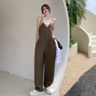 Plain Slim-fit Tank Top / Sleeveless Loose-fit Jumpsuit