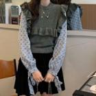 Mock Two-piece Puff-sleeve Floral Print Ruffled Knit Top Gray - One Size