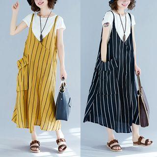 Striped Spaghetti Strap Midi Pinafore Dress